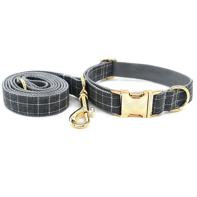 Grey Plaid Pet Products Dog Collar New Fashion Golden Metal Button Dog Collar - - Pets Crazy Shops -
