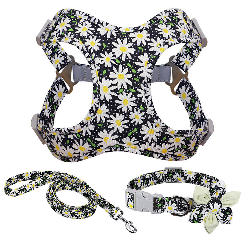 Flower Printed Dog Collar Harness Leash Set Nylon Small Medium Large Dogs Harness Vest Collar Leashes For Chihuahua Puppy Pet  -  - Pets Crazy Shops -