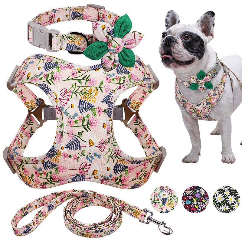 Flower Printed Dog Collar Harness Leash Set Nylon Small Medium Large Dogs Harness Vest Collar Leashes For Chihuahua Puppy Pet  -  - Pets Crazy Shops -