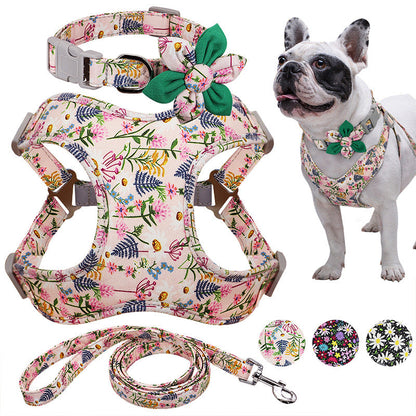 Flower Printed Dog Collar Harness Leash Set Nylon Small Medium Large Dogs Harness Vest Collar Leashes For Chihuahua Puppy Pet  -  - Pets Crazy Shops -