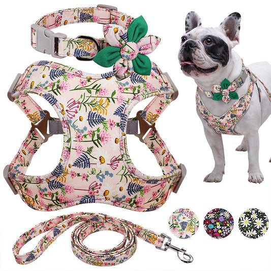 Flower Printed Dog Collar Harness Leash Set Nylon Small Medium Large Dogs Harness Vest Collar Leashes For Chihuahua Puppy Pet  -  - Pets Crazy Shops -