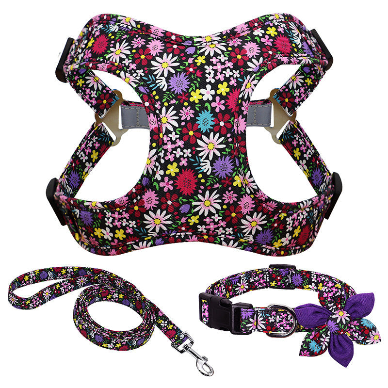 Flower Printed Dog Collar Harness Leash Set Nylon Small Medium Large Dogs Harness Vest Collar Leashes For Chihuahua Puppy Pet  -  - Pets Crazy Shops -