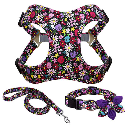 Flower Printed Dog Collar Harness Leash Set Nylon Small Medium Large Dogs Harness Vest Collar Leashes For Chihuahua Puppy Pet  -  - Pets Crazy Shops -