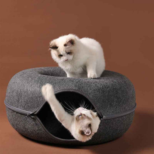 Four Seasons Available Cat Nest Round Woolen Felt Pet Dual-use Cat Nest Tunnel Interactive Training Toy Grey Felt Cat Nest  -  - Pets Crazy Shops -