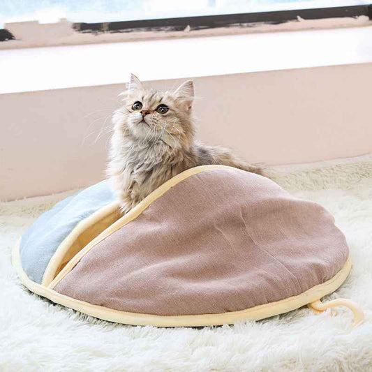 Round Fan Cotton And Linen Wool Warm Semi Enclosed Pet Nest For Cat Small Dog  -  - Pets Crazy Shops -