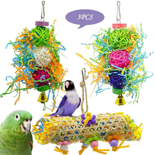 3pcs Bird Toy Parrot Gnawing Supplies Utensils Brushed Rattan Ball Grass Wooden Toys  -  - Pets Crazy Shops -